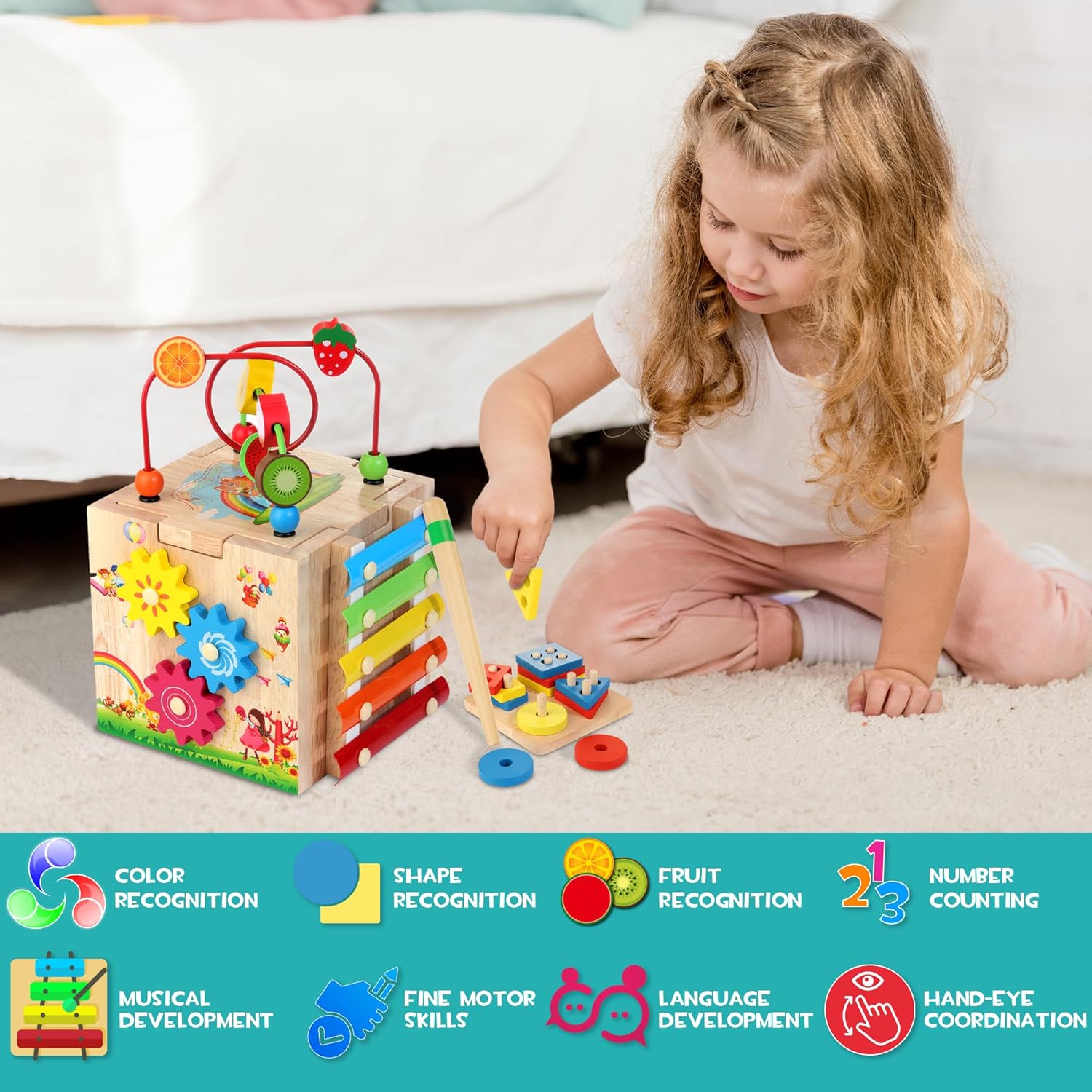 8-in-1 Houten Activiteitenkubus voor Peuters – Montessori Ontdekkubus met Xylofoon & Kralenframe | Sansoti