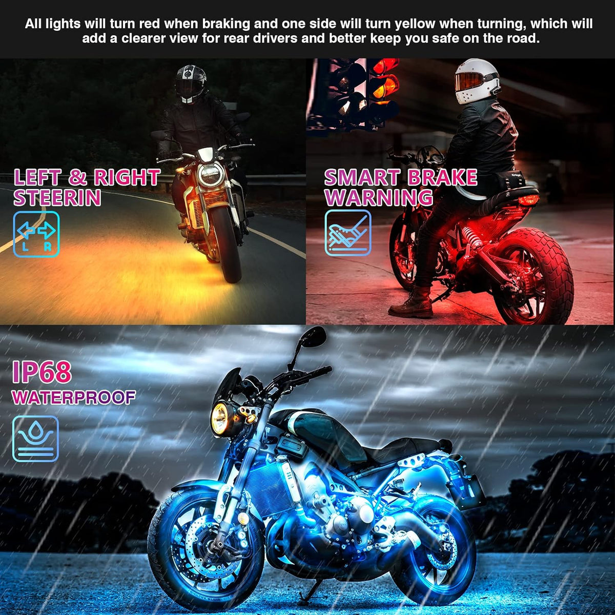 RGB LED-Stripset Motor 12-delig met Rem Richtingaanwijzer Verlichting Bluetooth App Motorfiets Sfeerverlichting | Sansoti