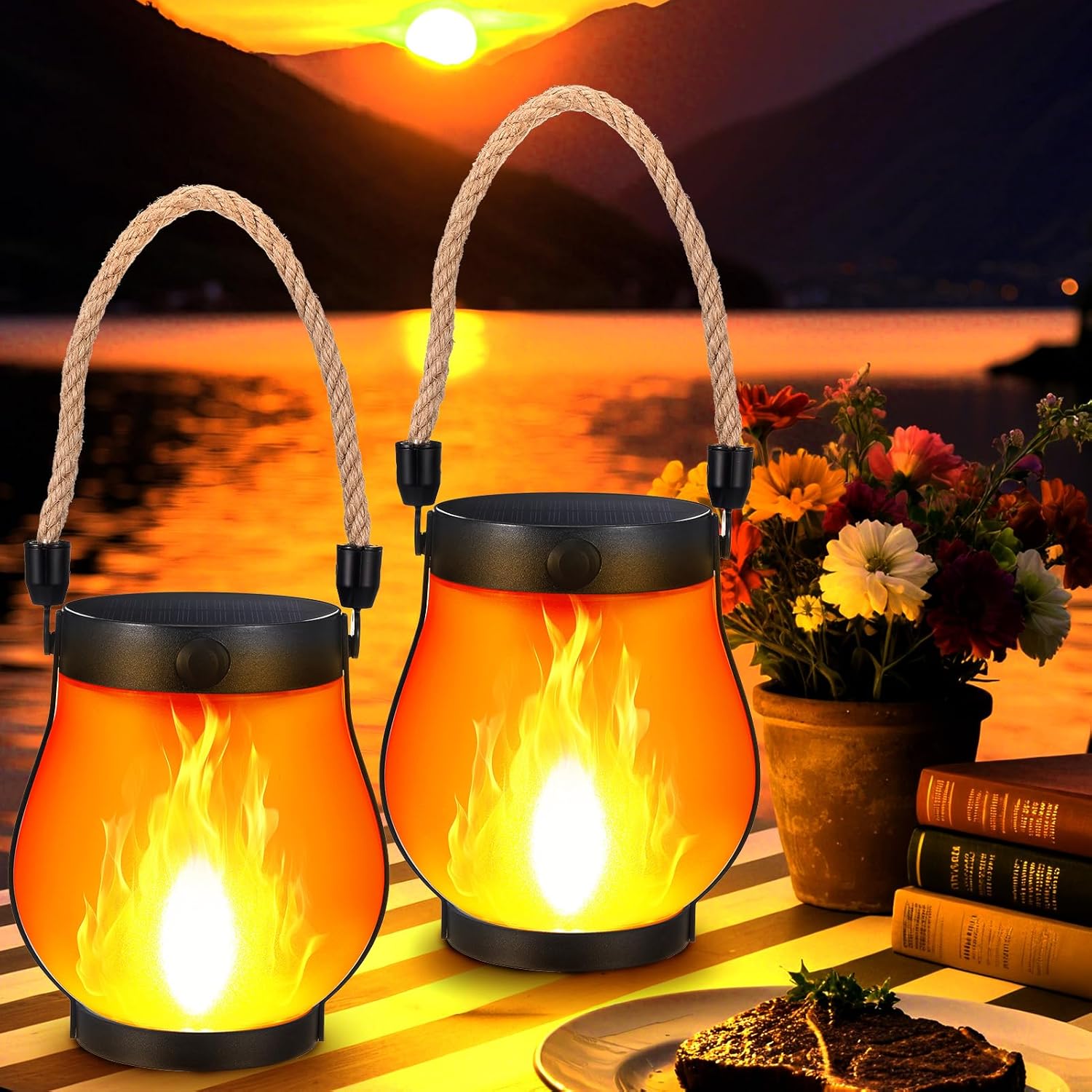 Solar Lantaarn met Vlameffect LED Verlichting Inclusief USB Oplaadoptie Weersbestendig Tuinverlichting Automatische Schemersensor Draadloos Buiten Terras Balkon | Sansoti