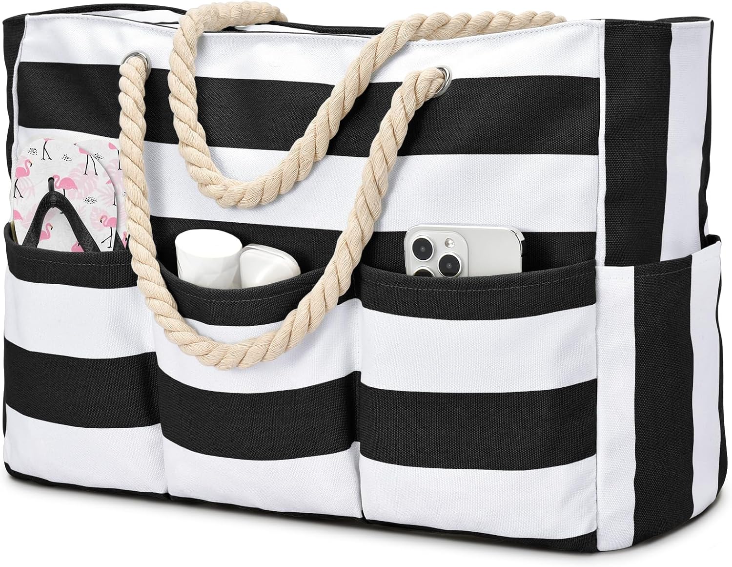 Strandtas XXL Canvas met Rits Waterdicht 7 Vakken Zandvrij Zwembadtas Reistas Shopper Schoudertas voor Vakantie | Sansoti