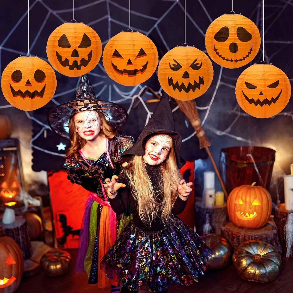 Orange Pumpkin Paper Lantern Set of 12 Halloween Party Decorations Hanging Decoration 20cm Diameter | Sansoti
