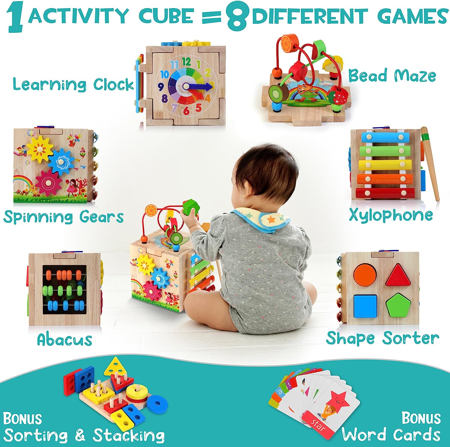 8-in-1 Houten Activiteitenkubus voor Peuters – Montessori Ontdekkubus met Xylofoon & Kralenframe | Sansoti