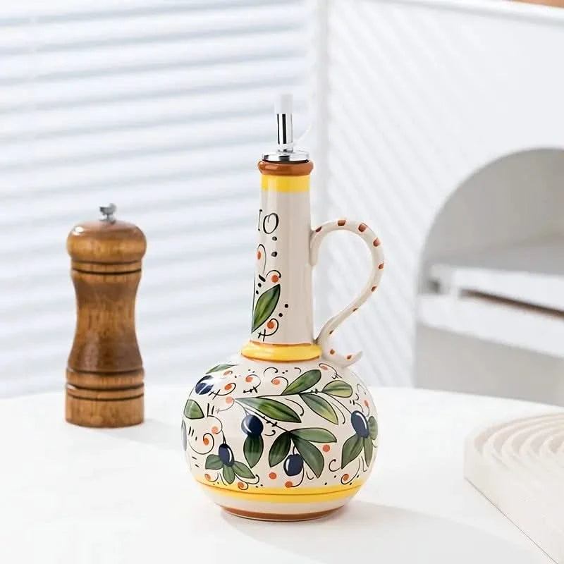 Handbemalter keramischer Öldosierer 700ml mit Edelstahlausgießer - elegante dekorative Ölflasche für Küche und Tisch | Sansoti