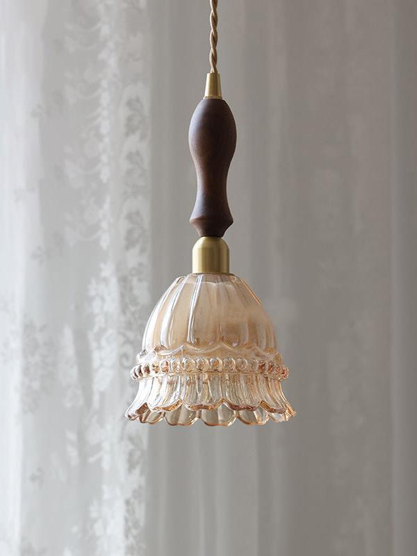 Franse Landelijke Hanglamp Glazen Kap Kwallen Design Transparant of Amber met Walnoot Greep Sfeerverlichting Eetkamer Elegante Plafondlamp | Sansoti
