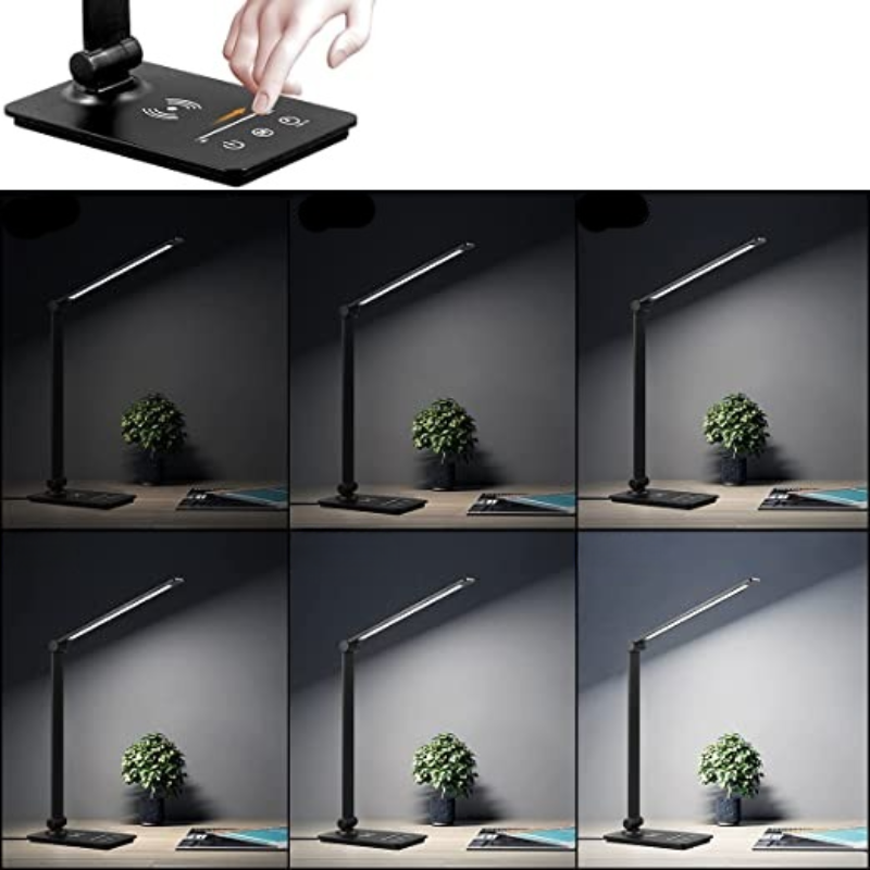 Bureaulamp met Draadloze Oplader Zwart – Dimbaar Leeslicht Touch Bediening 5 Lichtmodi Flexibele Arm | Sansoti
