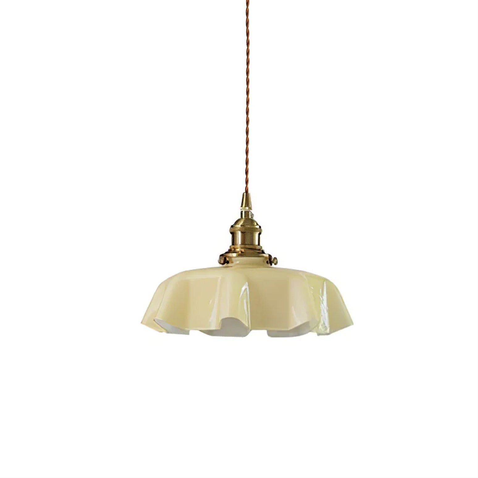Geplooide Glazen Hanglamp met Messing Armatuur — Vintage Franse Stijl in Wit, Beige, Roze of Blauw — Verstelbare Kabel 150 cm | Sansoti