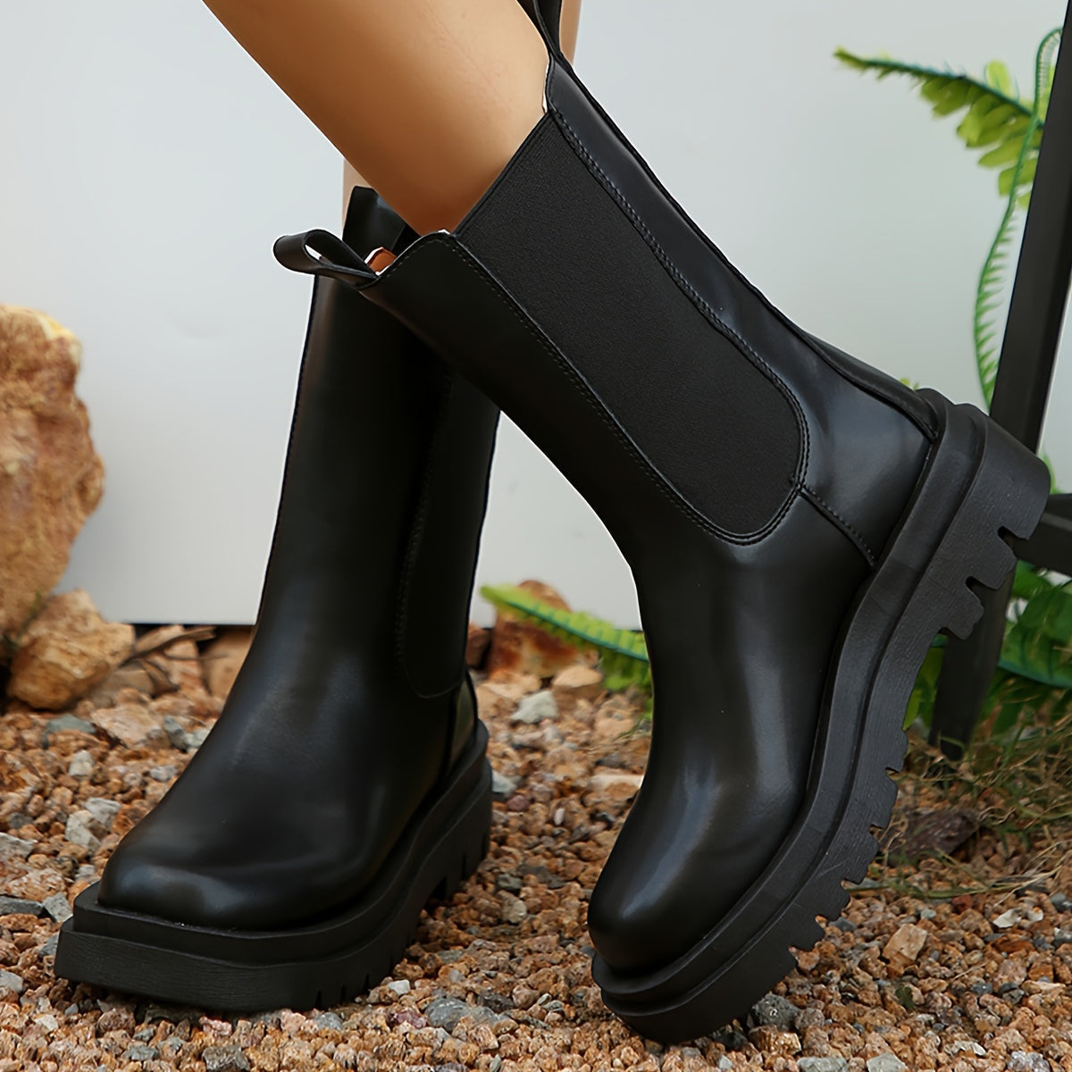 Kniehohe Stiefel Schwarz Damen Elastischer Verschluss Chunky-Absatz Winterstiefel Elegant Reitstiefel Bequem | Sansoti