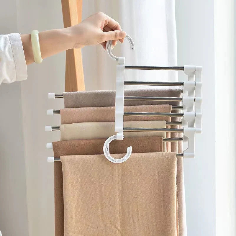 Foldable Clothes Hanger 5-in-1, Space-Saving, Adjustable, Stainless Steel, White Black, Wardrobe Organization | Sansoti