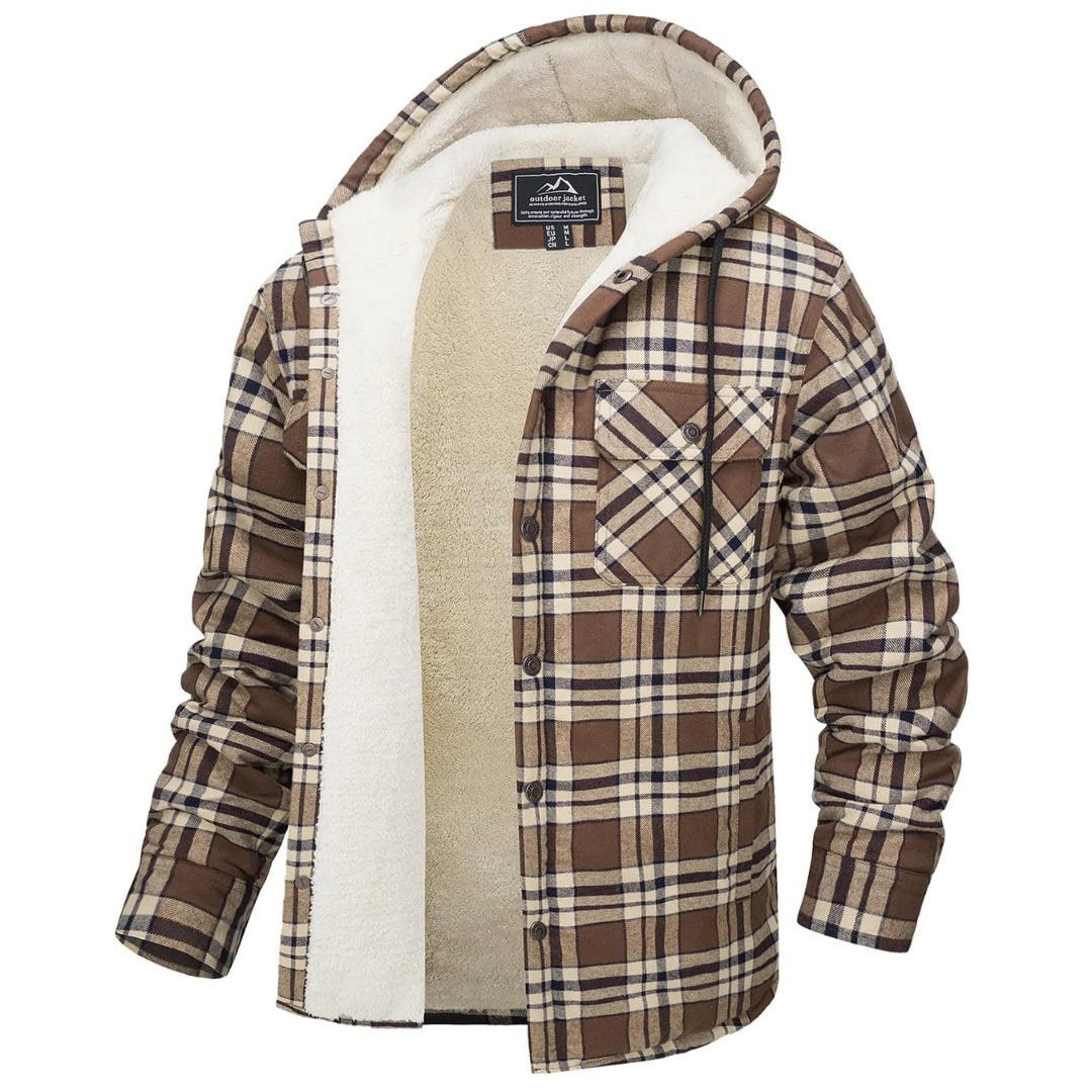 Gefüttertes Flanell-Overshirt für Herren, kariertes Hemdjacke mit Kapuze, warme Winterjacke, Herbst-Outdoor-Arbeitskleidung | Sansoti