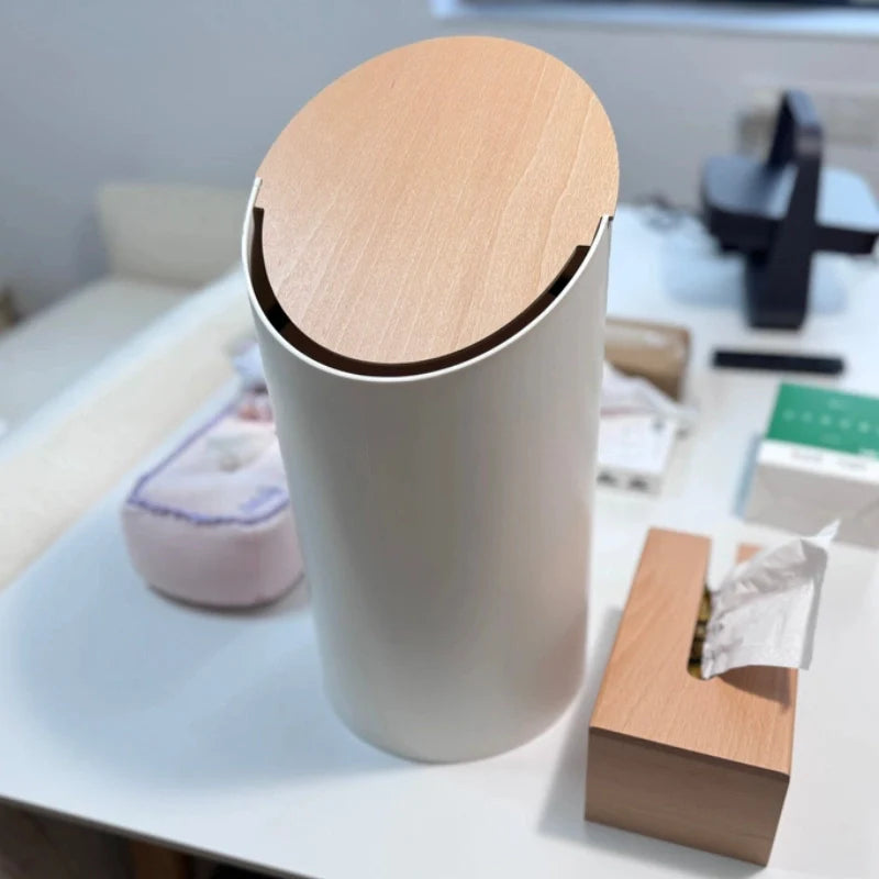 Japandi Trash Bin with Swing Lid – Walnut-Colored Wooden Finish and Minimalist Design – 9L Swing Trash Bin for Bathroom and Office | Sansoti