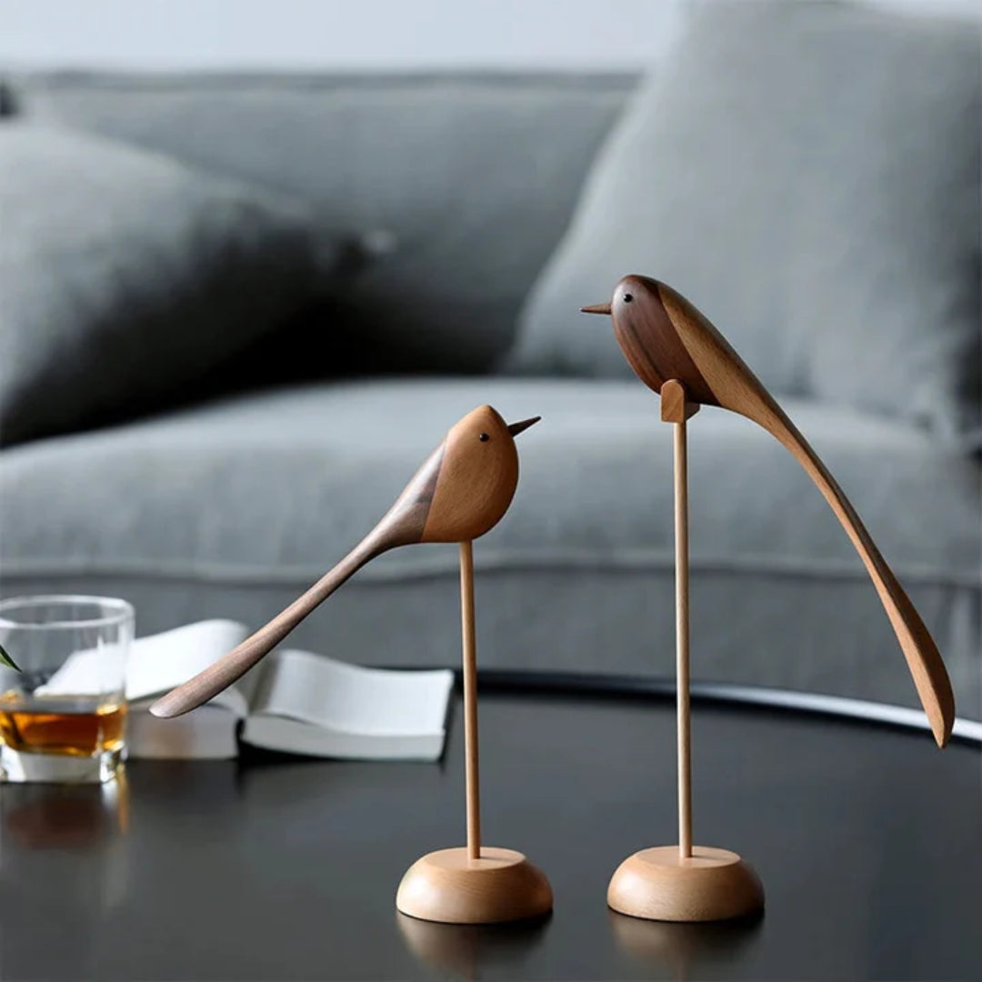 Holz-Vogelskulpturen, 2er-Set, skandinavisches Design, dekoratives Rot-Holz-Interieur-Objekt für das Wohnzimmer | Sansoti
