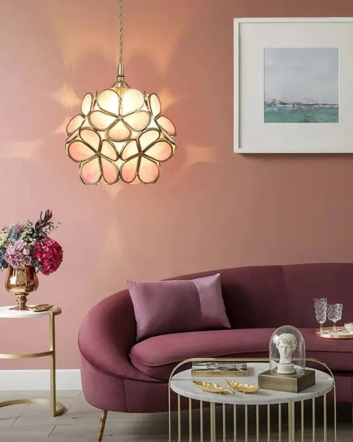 Handgemaakte Hanglamp met Acryl Bloem en IJzeren Frame Transparant Roze Blauw Beige voor Eetkamer Woonkamer Slaapkamer | Sansoti