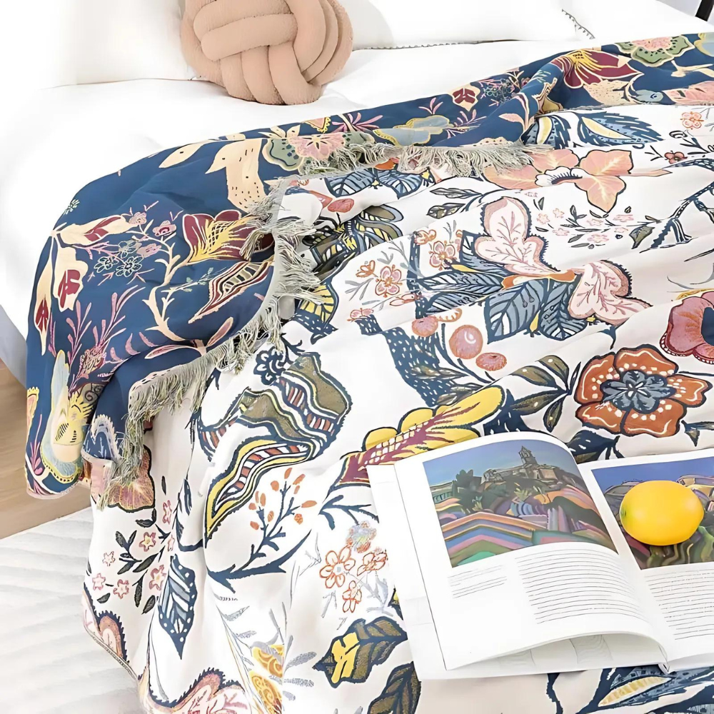 Jacquard Katoenen Plaid met Bloemenprint en Kwastjes – Zacht Reversibel Banklaken – Scandinavisch Geïnspireerde Woondeken | Sansoti