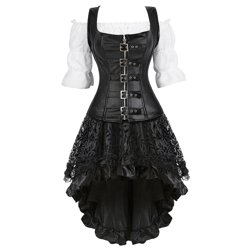 Pirate Corset Costume Set Faux Leather Off-Shoulder Blouse Layered Skirt Steampunk Gothic Halloween Costume | Sansoti