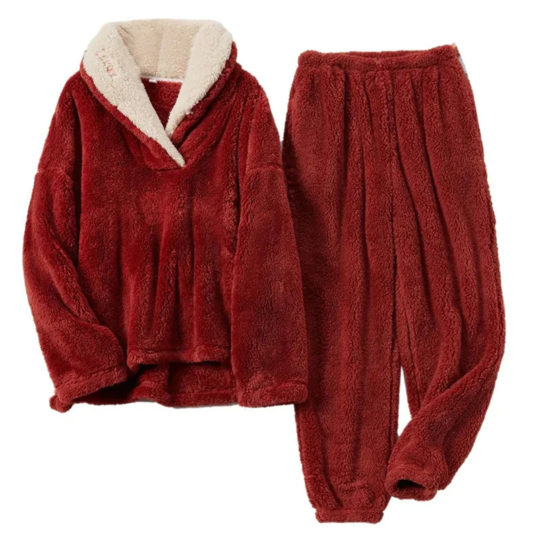 Fleece-Pyjama für Damen, zweiteilig, Langarmshirt & Hose, warmes Schlafset, Hausanzug, Winterkomfort, weiche Nachtwäsche | Sansoti