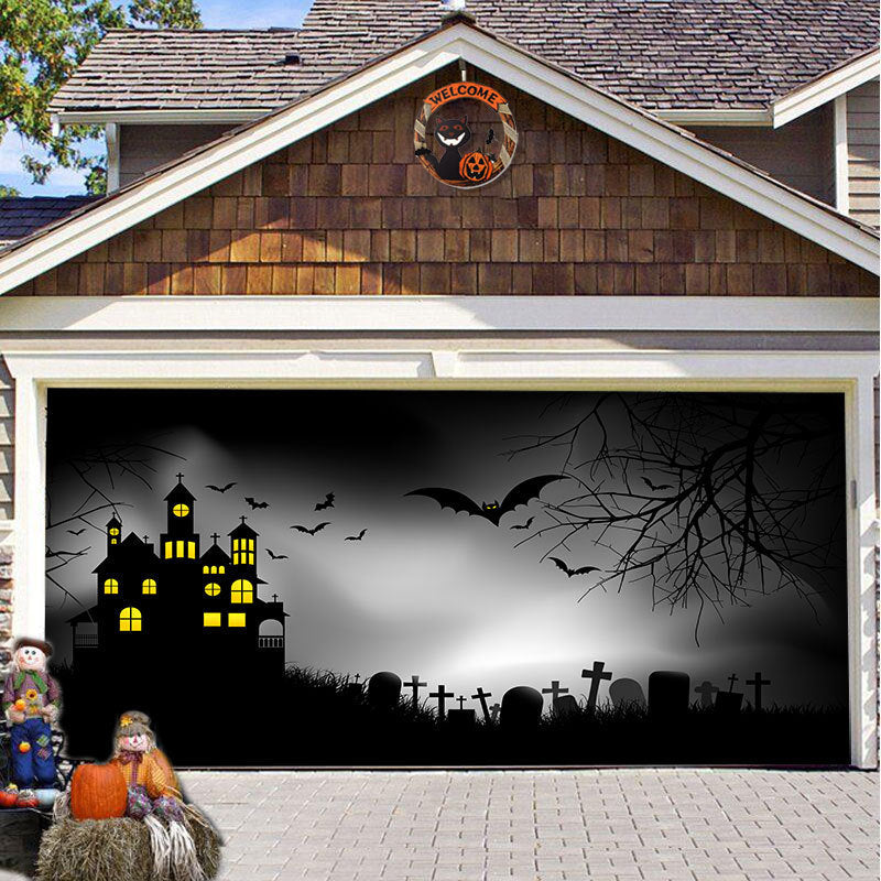 Halloween Garagedeur Decoratie Spookachtige Bedrukking Schaduwdoek Herbruikbaar Horror Sfeer Doek Waterdicht Buiten Feestversiering | Sansoti