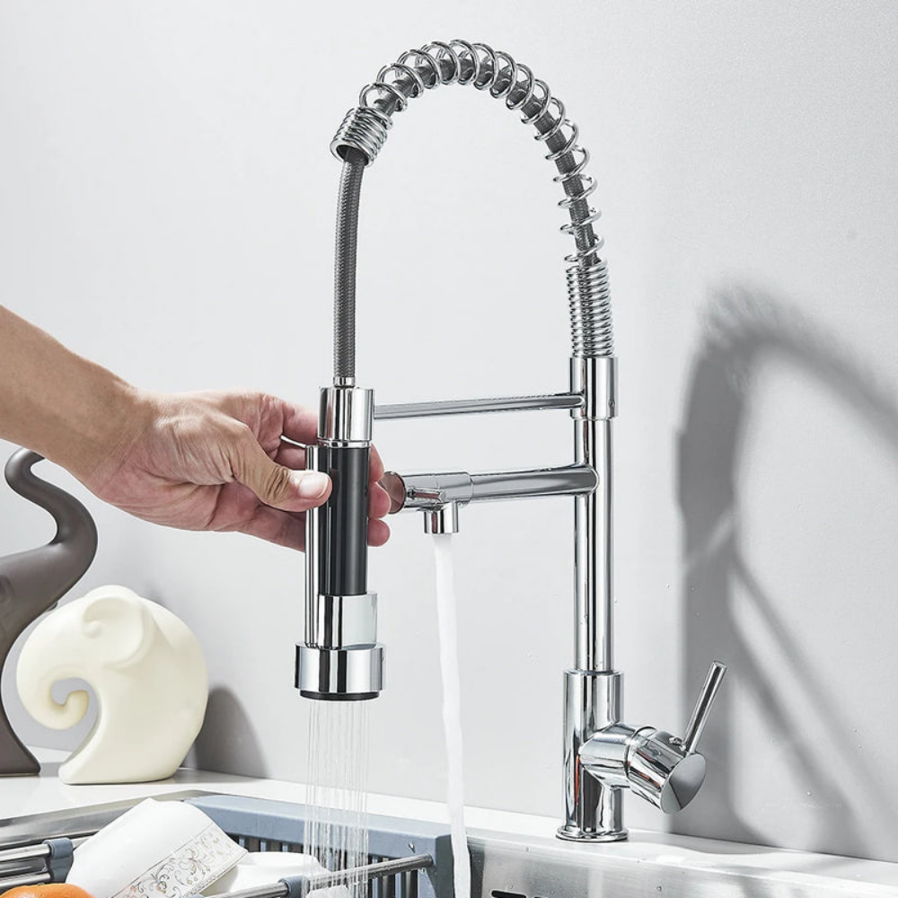 Robinet de cuisine extensible chromé à bec orientable, eau chaude et froide, douchette flexible, mitigeur de cuisine | Sansoti