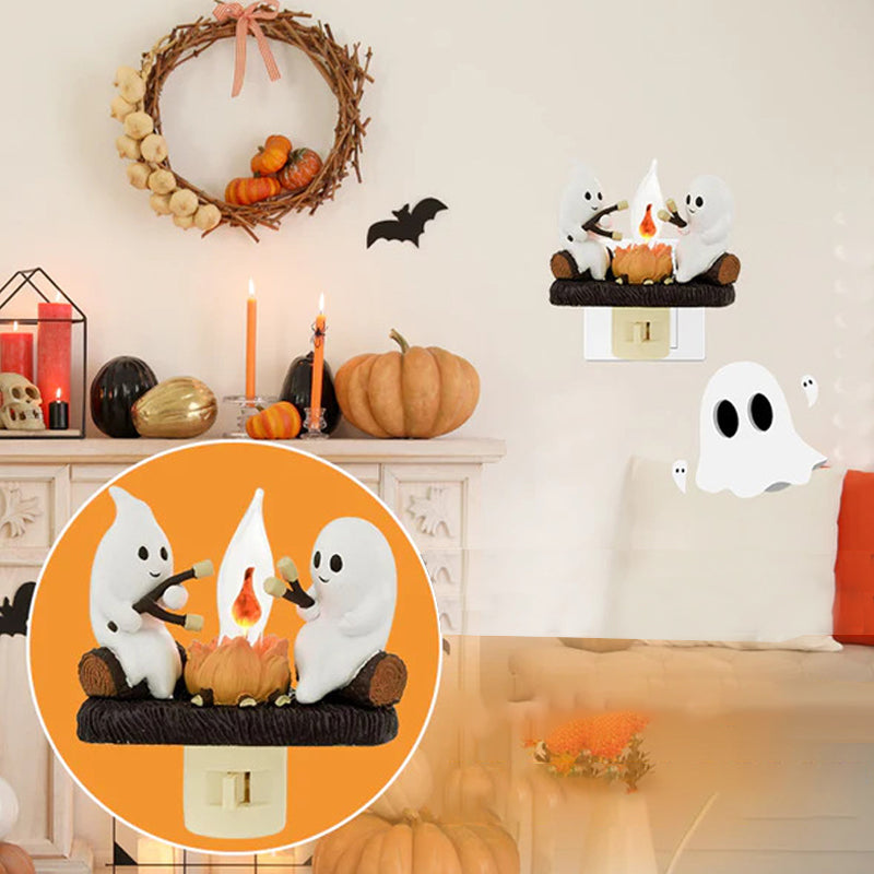 Spookje met Kampvuur Nachtlampje LED Flikkerlicht Kinderkamer Decoratief Halloween Sfeer Sfeerlamp Warm Licht | Sansoti