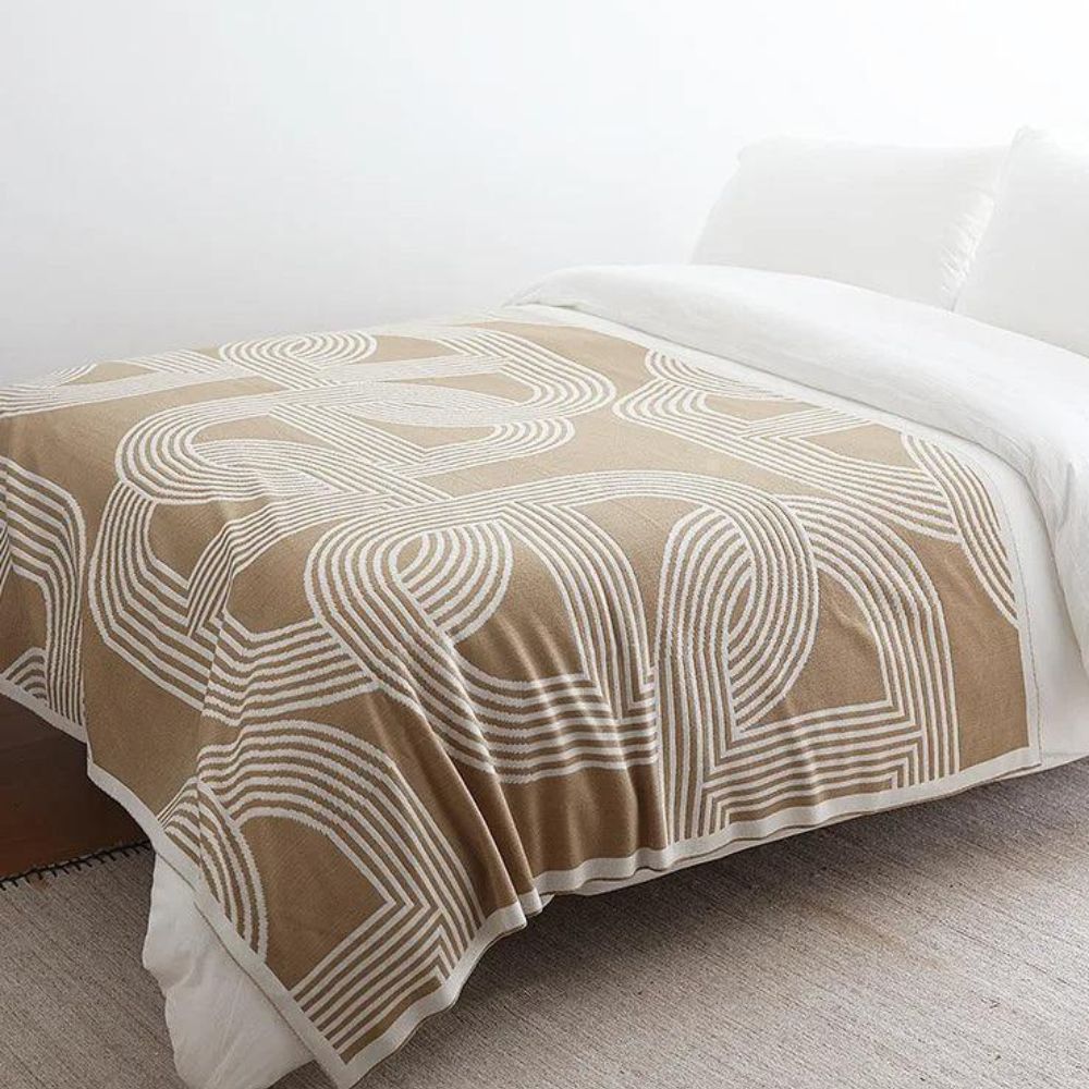 Couverture tricotée à motif géométrique réversible, plaid gris et sable en microfibre, chaud, pour la chambre, le canapé ou le salon | Sansoti