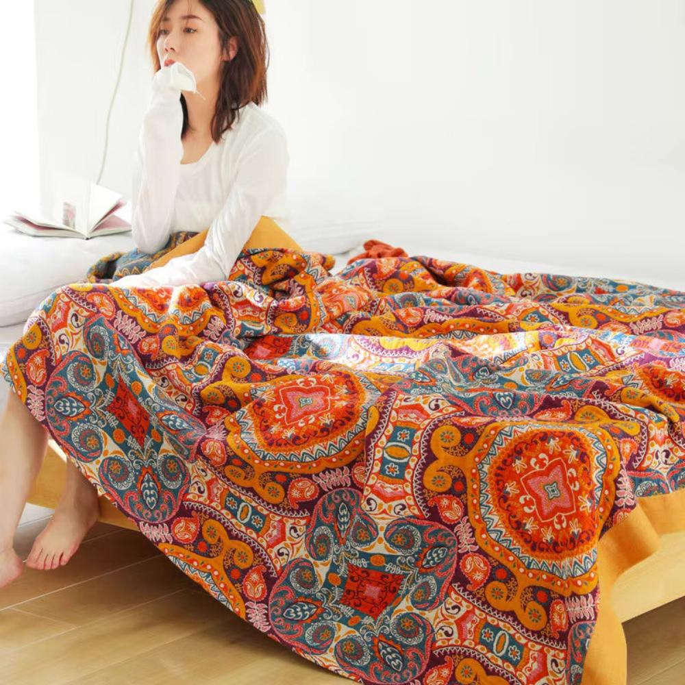 Omkeerbare Plaid in Boho-Stijl met Koelend Effect – Dubbelzijdig Zomerdeken met Vochtafvoer – Zacht Katoenen Sprei voor Warme Nachten – Moderne Deken met Zonsopgang-Patroon | Sansoti