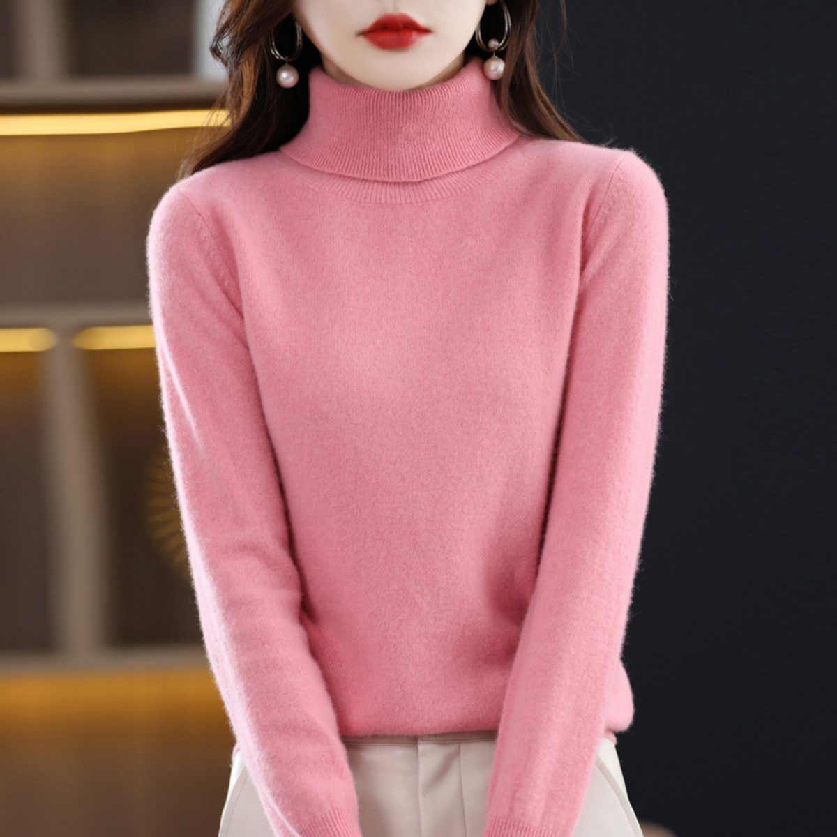 Jersey de cachemira de punto con cuello alto para mujer Negro Blanco Gris Rosa Lila Rojo Azul Marrón Básico elegante de otoño e invierno | Sansoti