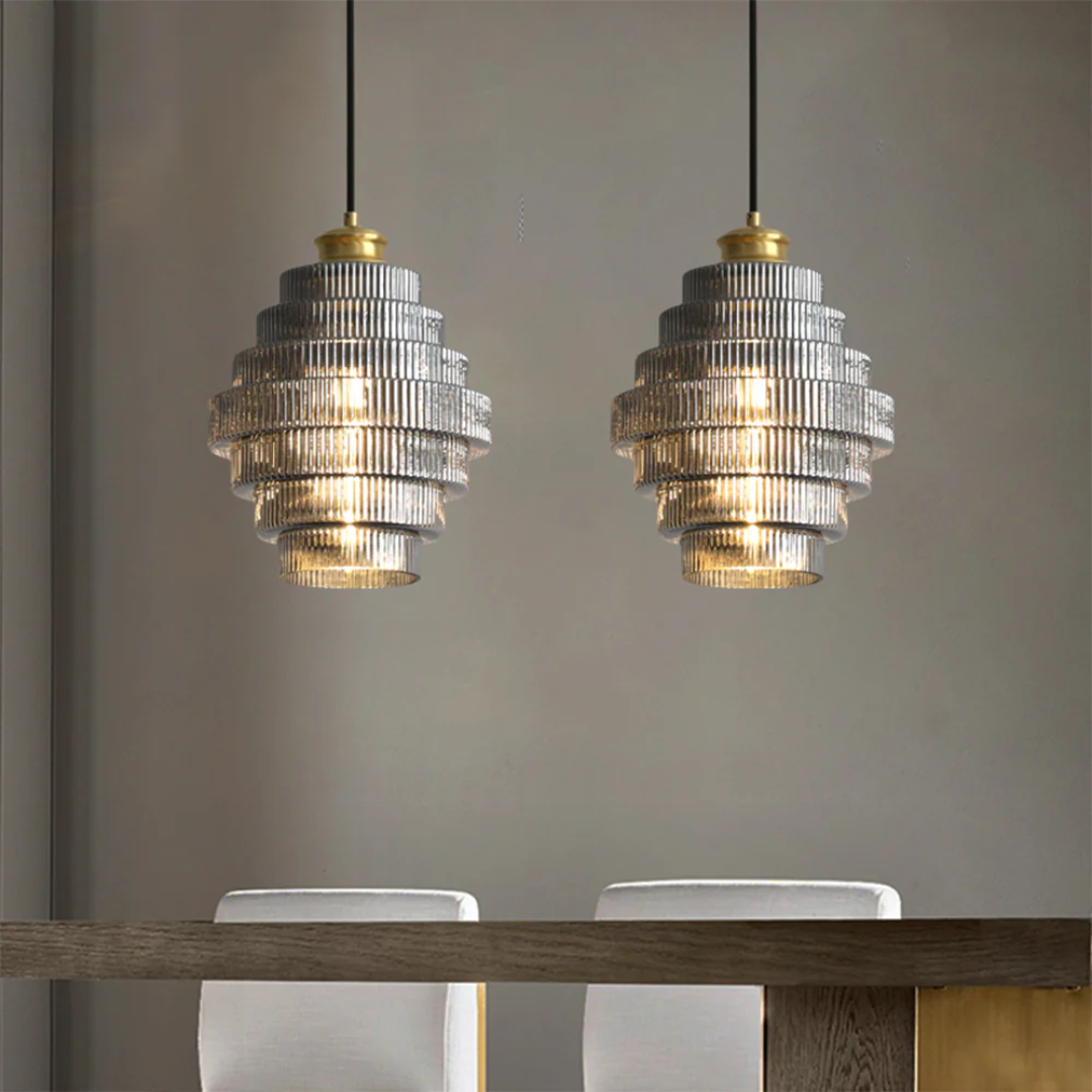Hanglamp Glas Geribbeld Messing Gelaagd Woonkamer Eettafel Sfeerverlichting Vintage Design | Sansoti