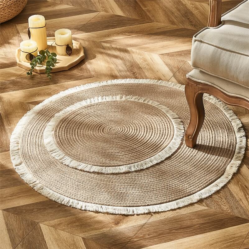Braided Round Jute Rug Natural Fiber Reversible Beige Black 45-120cm Handmade Bohemian Style | Sansoti