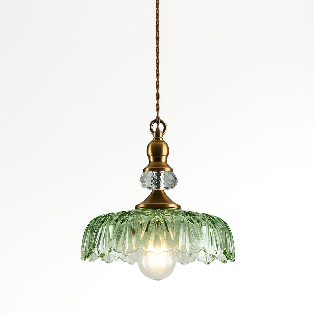 Vintage Hanglamp Glas Messing Bloemmotief Groen Zwart | Sansoti