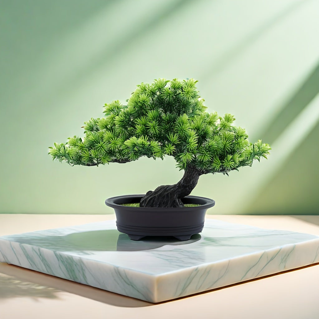 Kunstbonsai 24 cm met zwarte pot, realistische dennennaalden, decoratief groen voor vensterbank, bureau en woonkamer | Sansoti