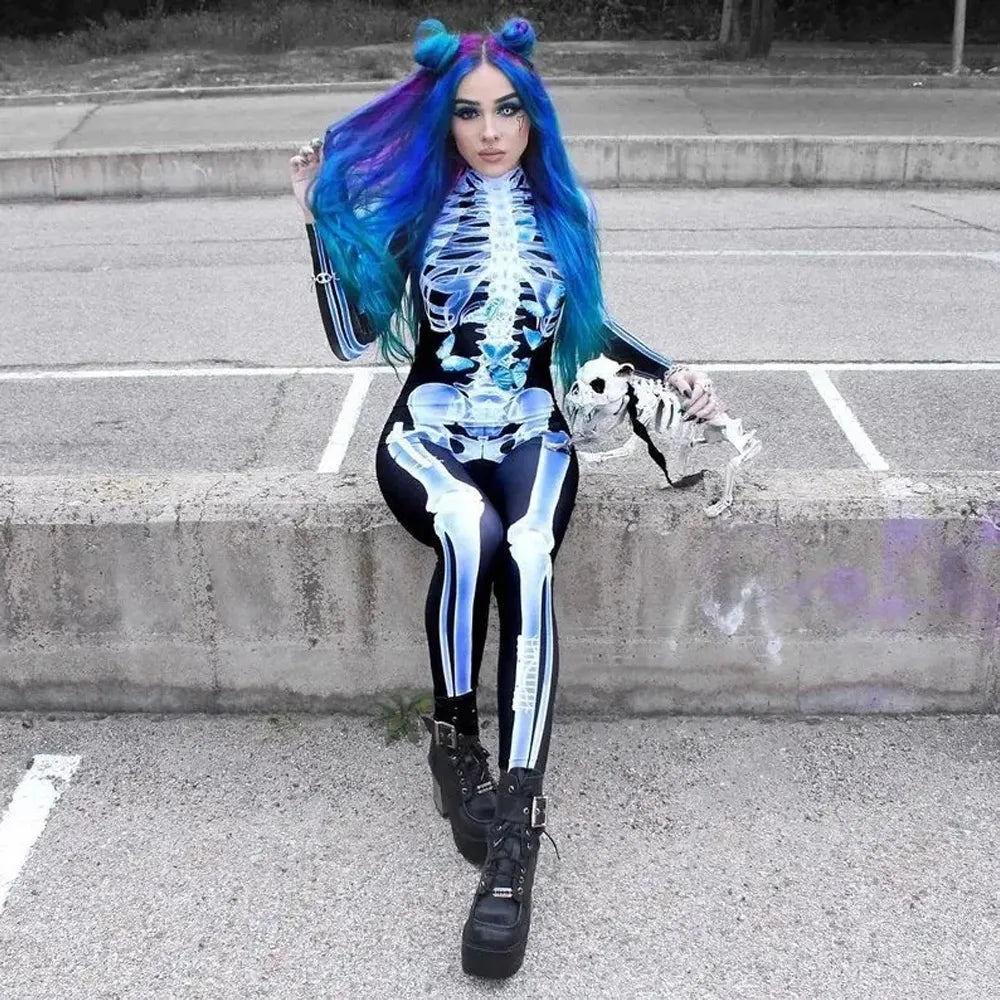 Kostium szkieletu typu bodysuit na całe ciało z anatomicznym nadrukiem kości na imprezy tematyczne i Halloween | Sansoti