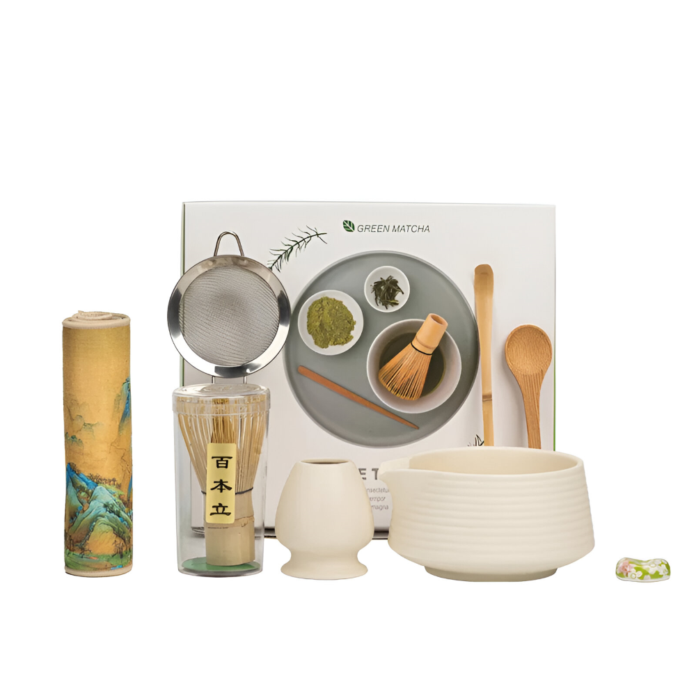 Matcha Ceremonieset 8-delig Keramiek & Bamboe 500ml Kom met Klopper Zeef Lepels Theedoek Houdertjes Authentiek | Sansoti