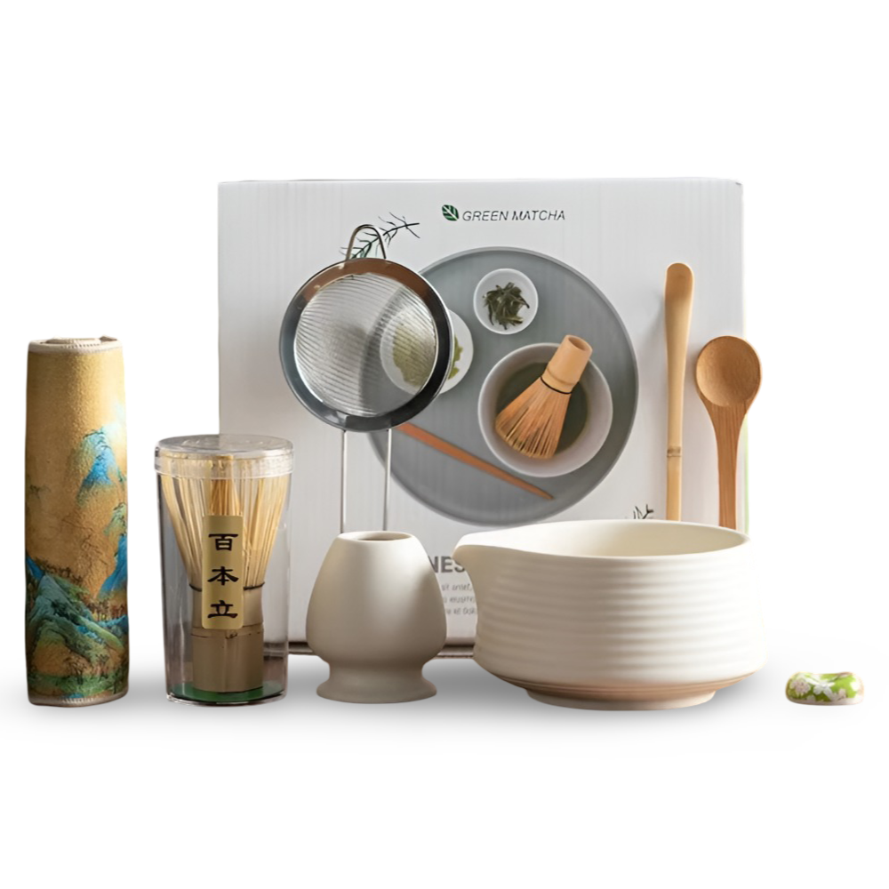 Matcha Ceremonieset 8-delig Keramiek & Bamboe 500ml Kom met Klopper Zeef Lepels Theedoek Houdertjes Authentiek | Sansoti