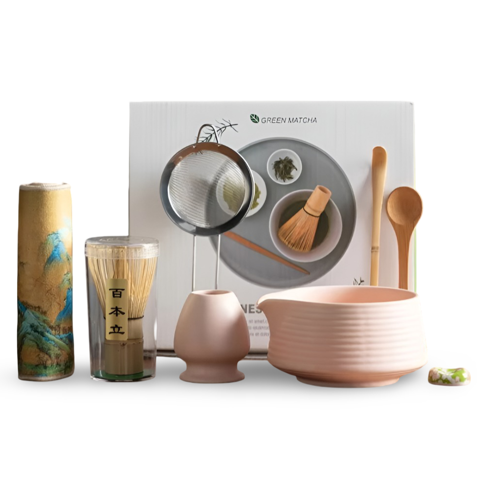 Matcha Ceremonieset 8-delig Keramiek & Bamboe 500ml Kom met Klopper Zeef Lepels Theedoek Houdertjes Authentiek | Sansoti