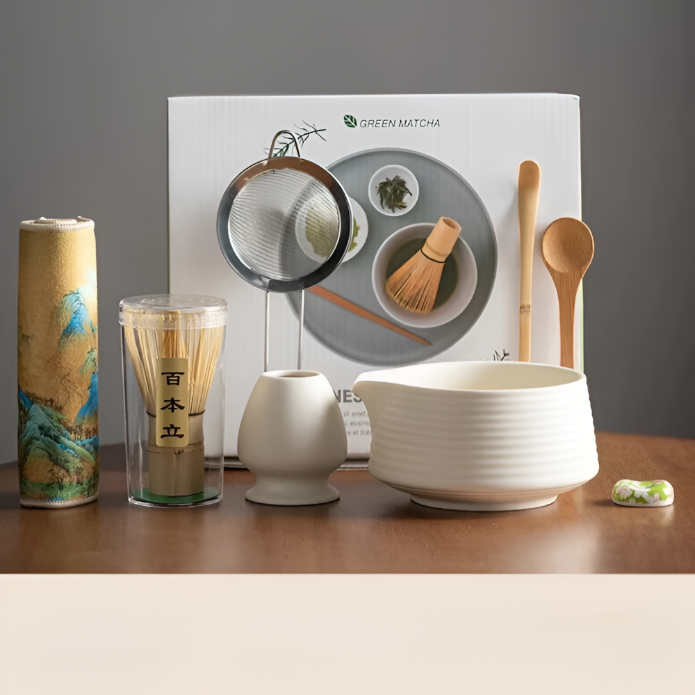 Matcha Ceremonieset 8-delig Keramiek & Bamboe 500ml Kom met Klopper Zeef Lepels Theedoek Houdertjes Authentiek | Sansoti