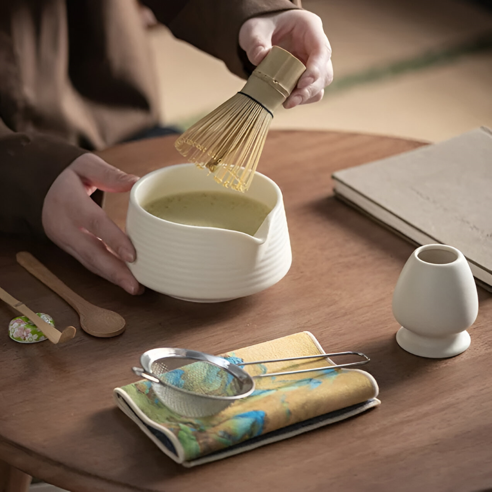 Matcha Ceremonieset 8-delig Keramiek & Bamboe 500ml Kom met Klopper Zeef Lepels Theedoek Houdertjes Authentiek | Sansoti