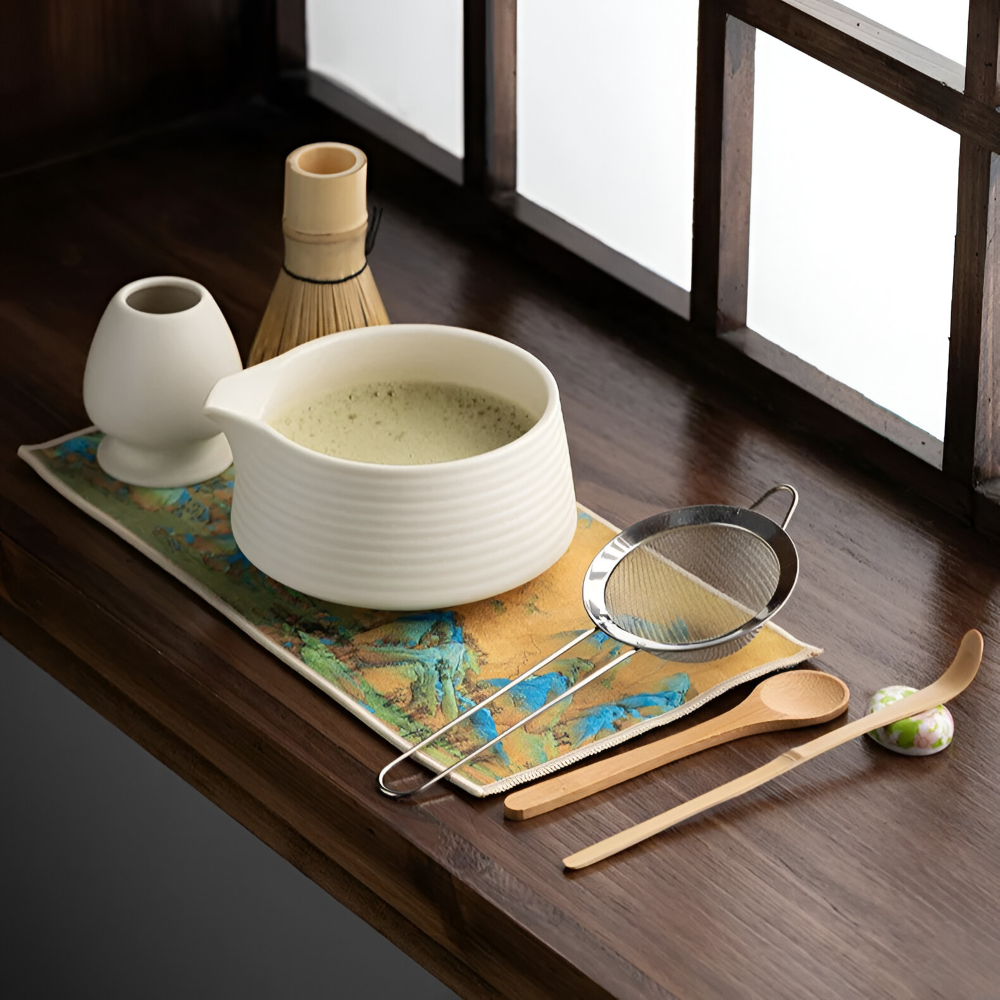 Matcha Ceremonieset 8-delig Keramiek & Bamboe 500ml Kom met Klopper Zeef Lepels Theedoek Houdertjes Authentiek | Sansoti