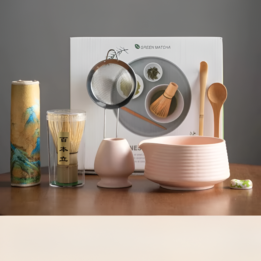 Matcha Ceremonieset 8-delig Keramiek & Bamboe 500ml Kom met Klopper Zeef Lepels Theedoek Houdertjes Authentiek | Sansoti