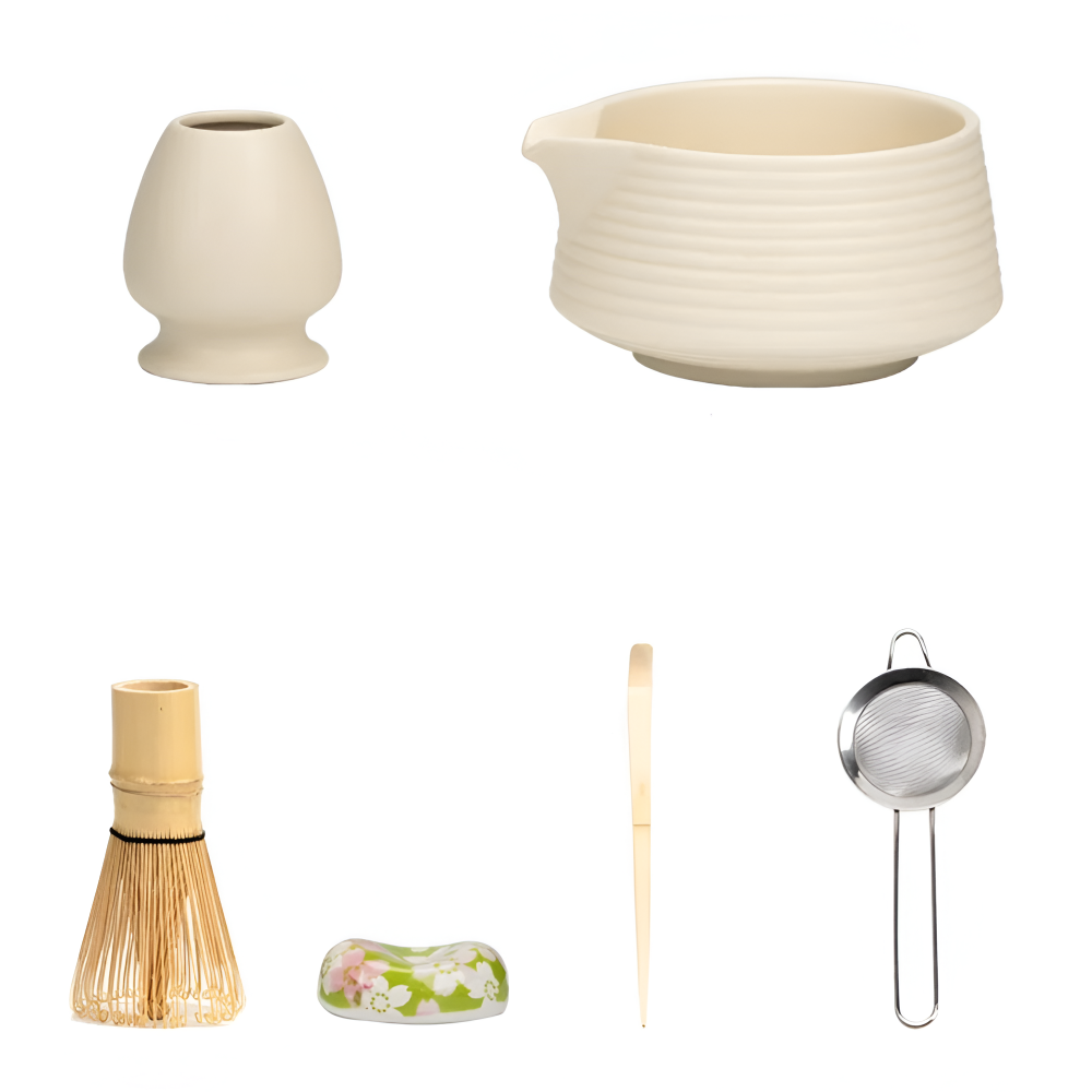Matcha Ceremonieset 8-delig Keramiek & Bamboe 500ml Kom met Klopper Zeef Lepels Theedoek Houdertjes Authentiek | Sansoti