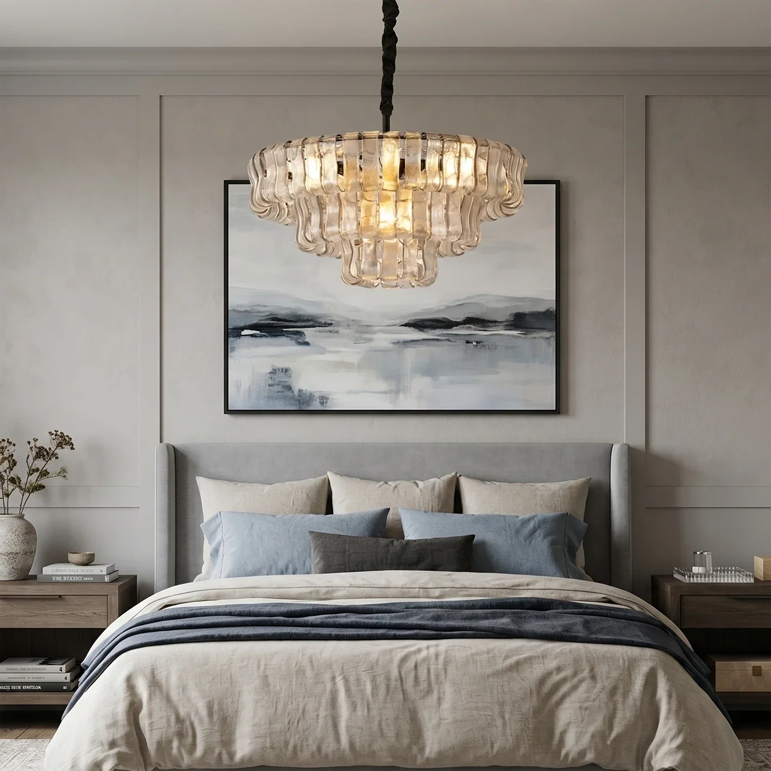 Lustre rond en verre texturé avec structure métallique multicouche À intensité variable et réglable 60-152cm pour salon | Sansoti