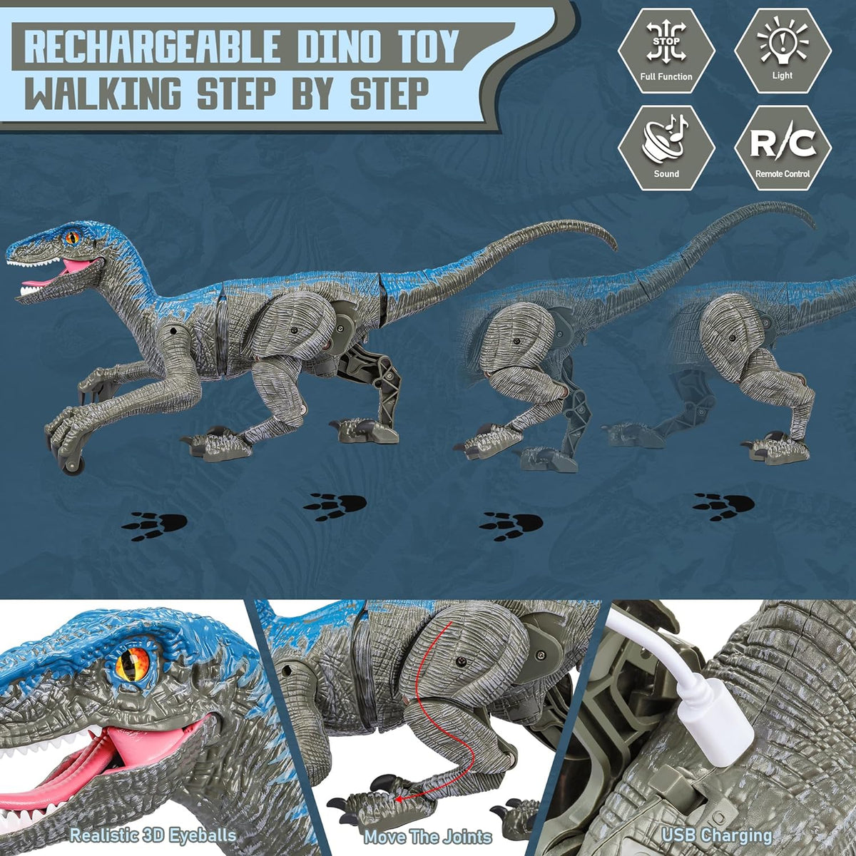 Robot dinosaure Velociraptor télécommandé 45cm, gris et jaune, jouet pour enfants | Sansoti