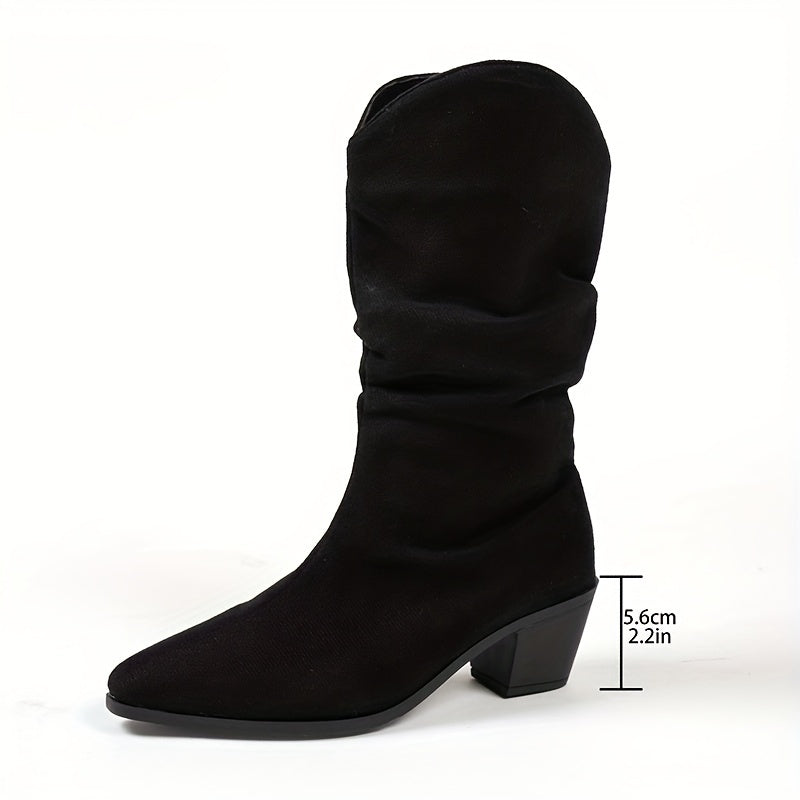 Western Laarzen Dames Fluweel Hakhoogte Feestschoenen Herfst Cowboystijl Elegante Dameslaarzen Comfortabel | Sansoti