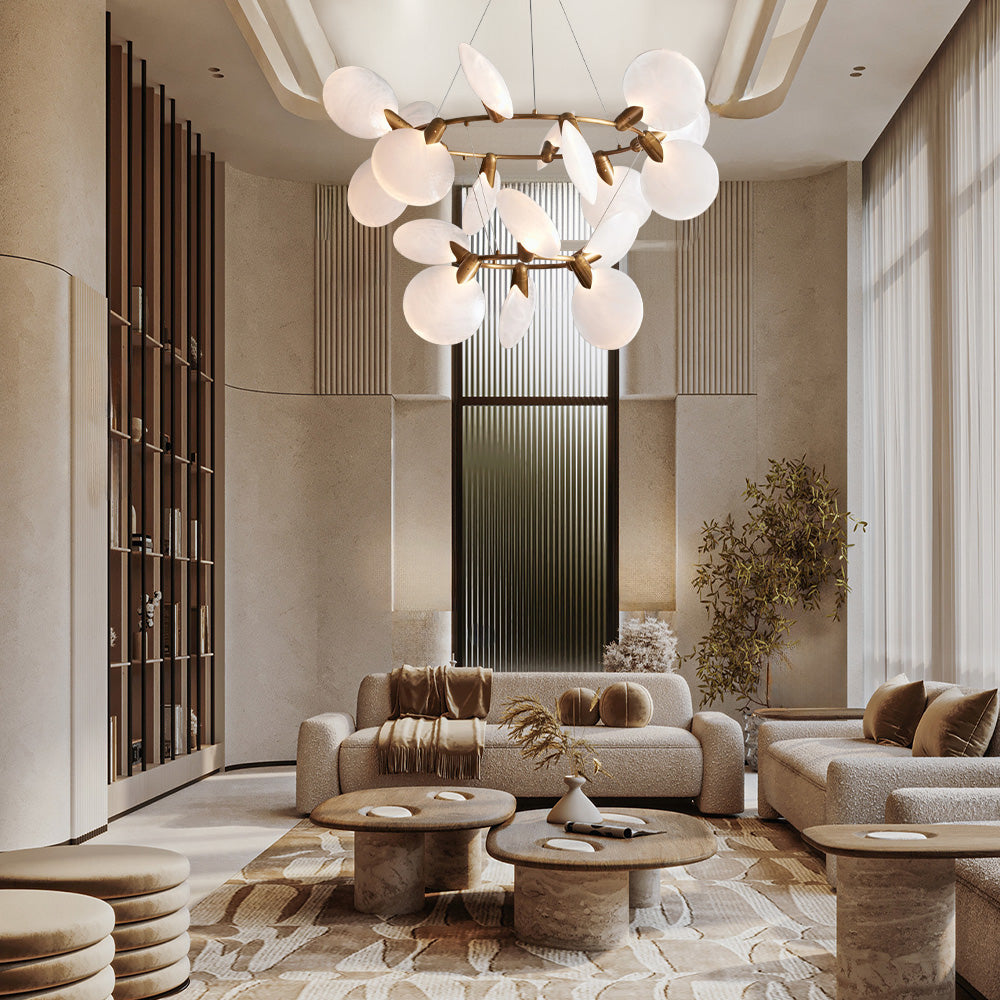 Lustre en verre soufflé à la main 2 niveaux 18 sources lumineuses LED système de suspension réglable en laiton salon salle à manger | Sansoti