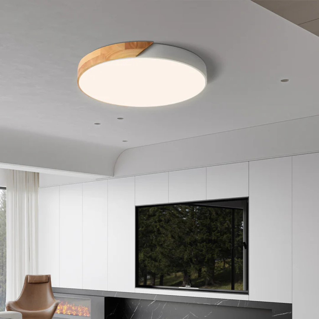Holz-Deckenlampe LED skandinavisches Design warmweißes Licht rund Acryl Naturholz Deckenbeleuchtung Wohnzimmer | Sansoti