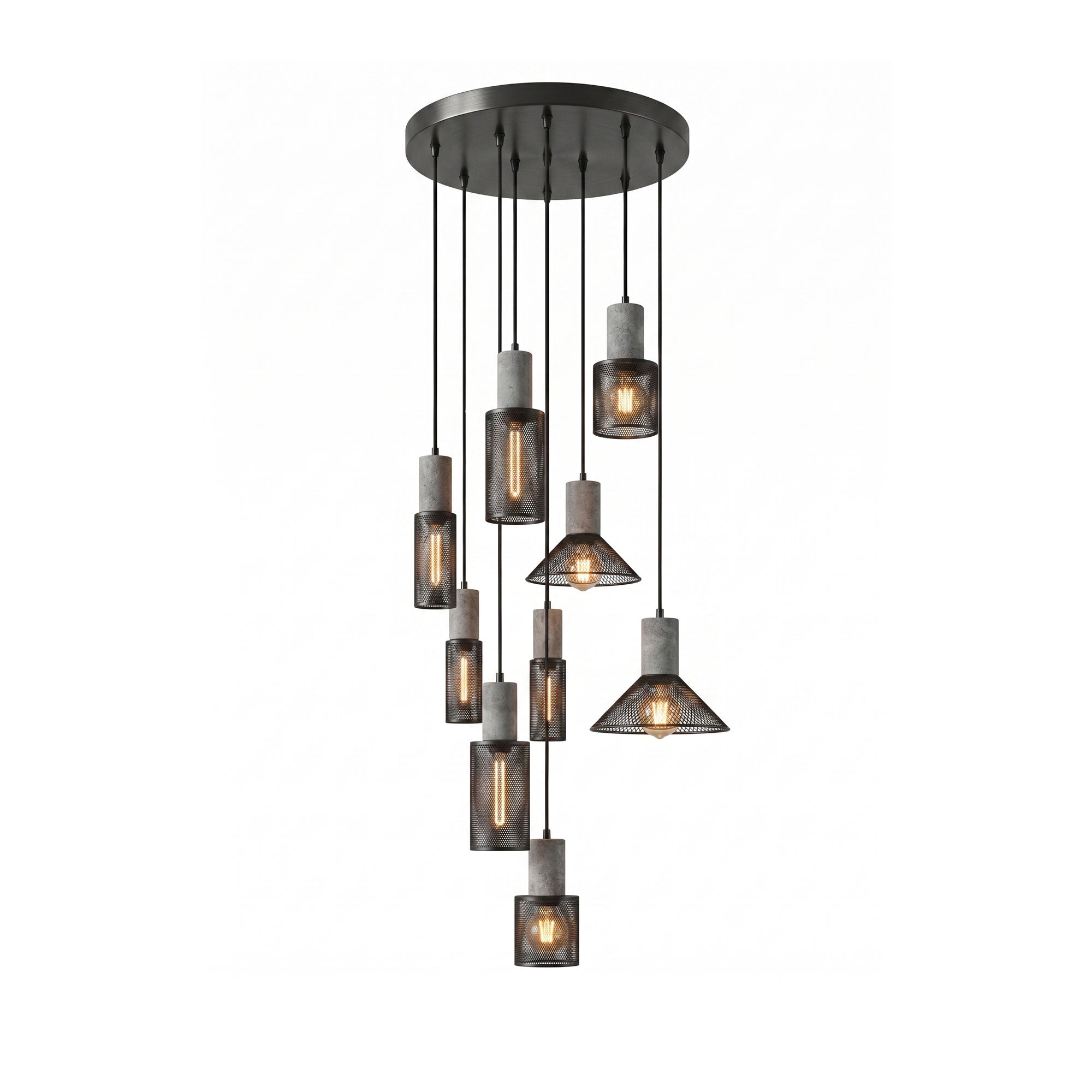 Industriële Hanglamp met Cement & Zwart Mesh — 6 Vormen | Sansoti
