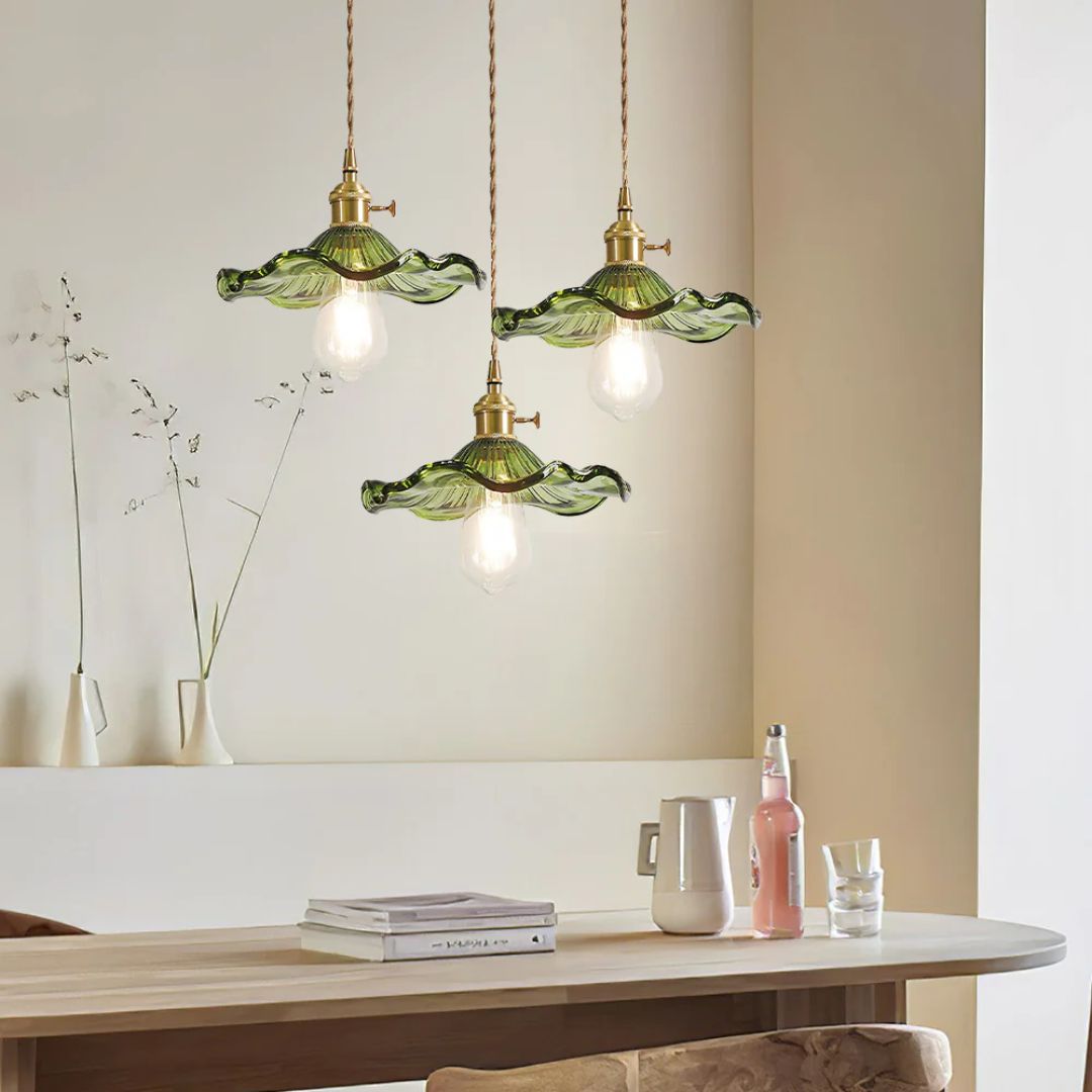 Suspension Verre E27 23cm Vert Laiton Forme fleur Table à manger Chambre Éclairage rétro Vintage | Restfield