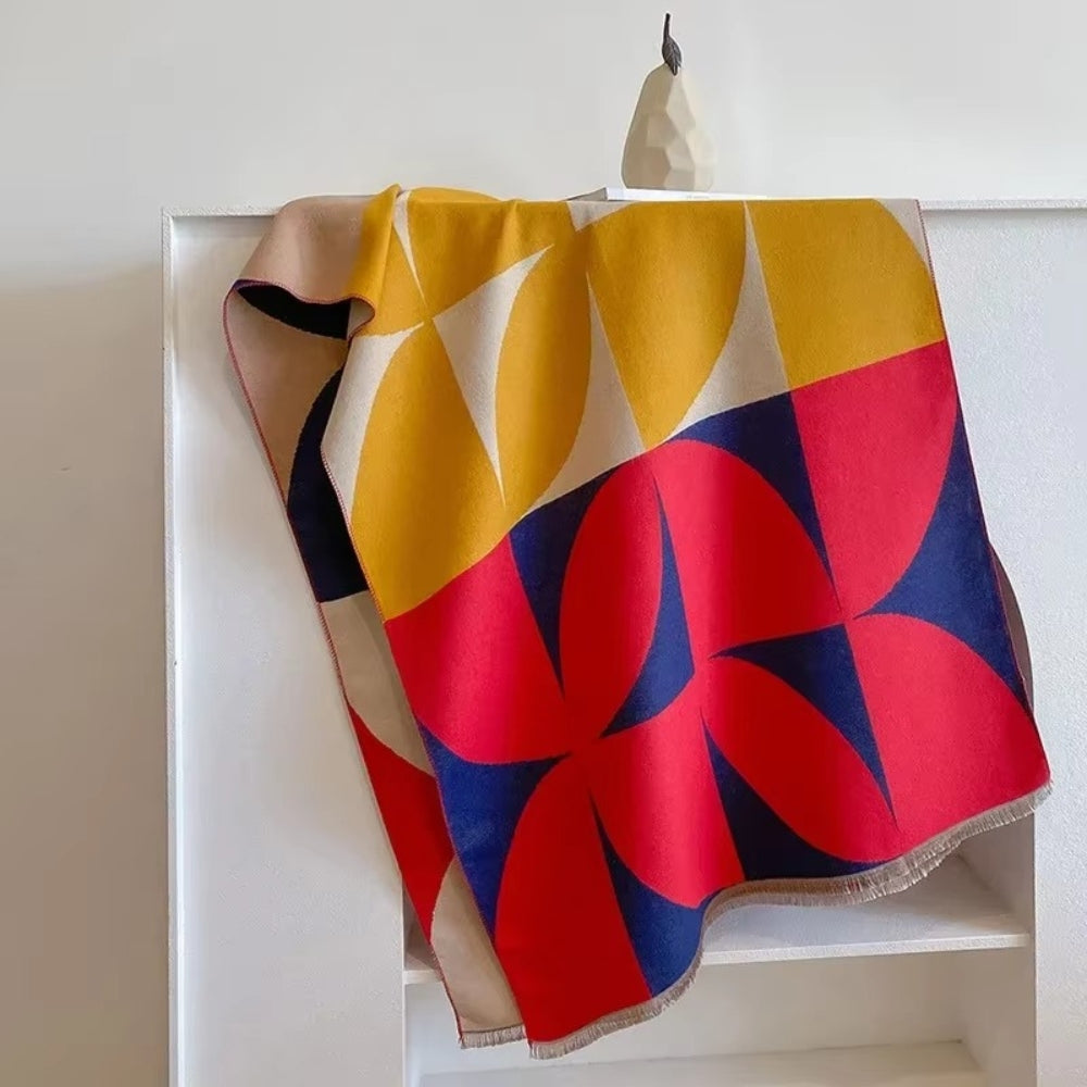 Omkeerbare Sjaal met Geometrisch Blokdesign Warm Zachte Microvezel Poncho voor Herfst en Winter | Sansoti