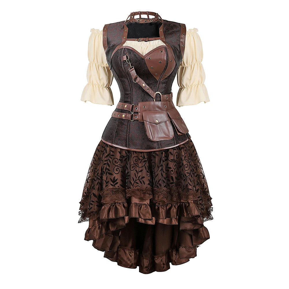 Pirate Corset Costume Set Faux Leather Off-Shoulder Blouse Layered Skirt Steampunk Gothic Halloween Costume | Sansoti