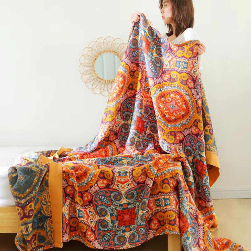 Omkeerbare Plaid in Boho-Stijl met Koelend Effect – Dubbelzijdig Zomerdeken met Vochtafvoer – Zacht Katoenen Sprei voor Warme Nachten – Moderne Deken met Zonsopgang-Patroon | Sansoti