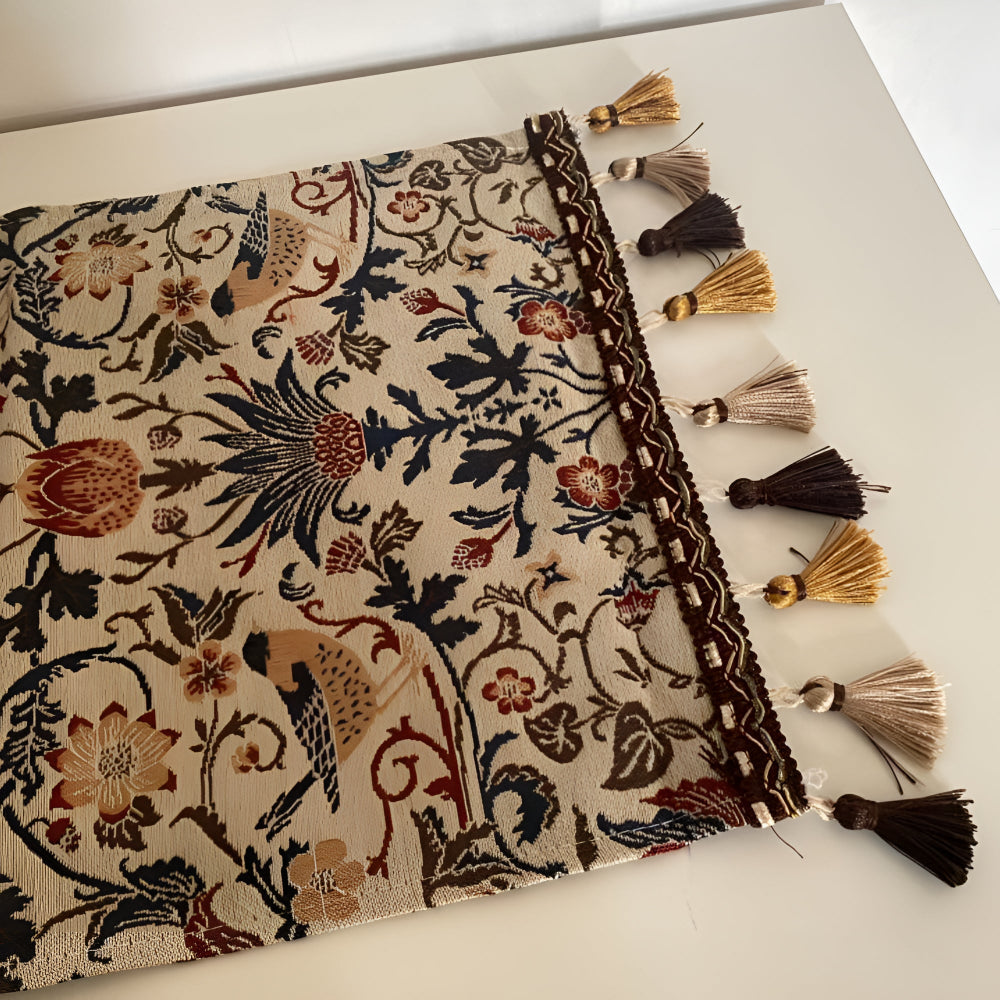 Vintage Jacquard Tafelloper met Vogel & Bloemmotief – Landelijke Elegantie met Kwastjes | Sansoti
