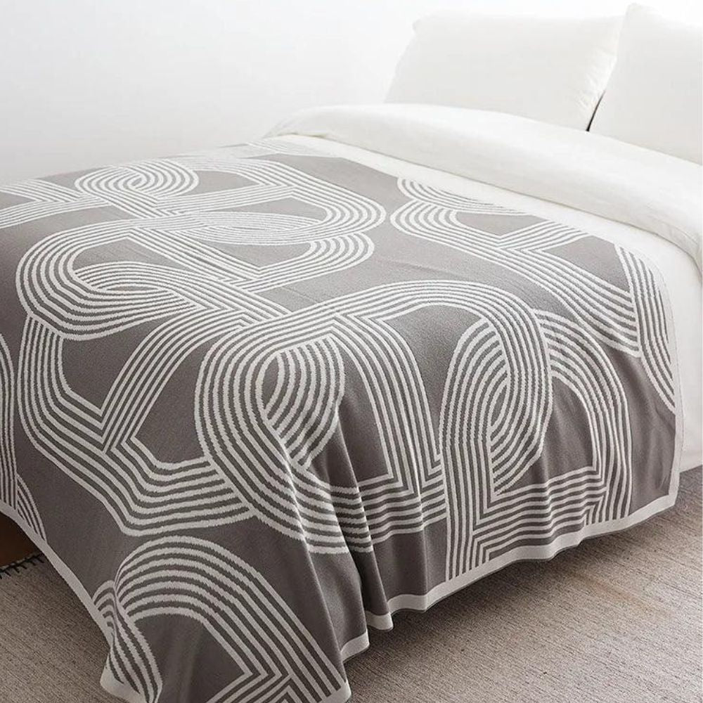 Couverture tricotée à motif géométrique réversible, plaid gris et sable en microfibre, chaud, pour la chambre, le canapé ou le salon | Sansoti